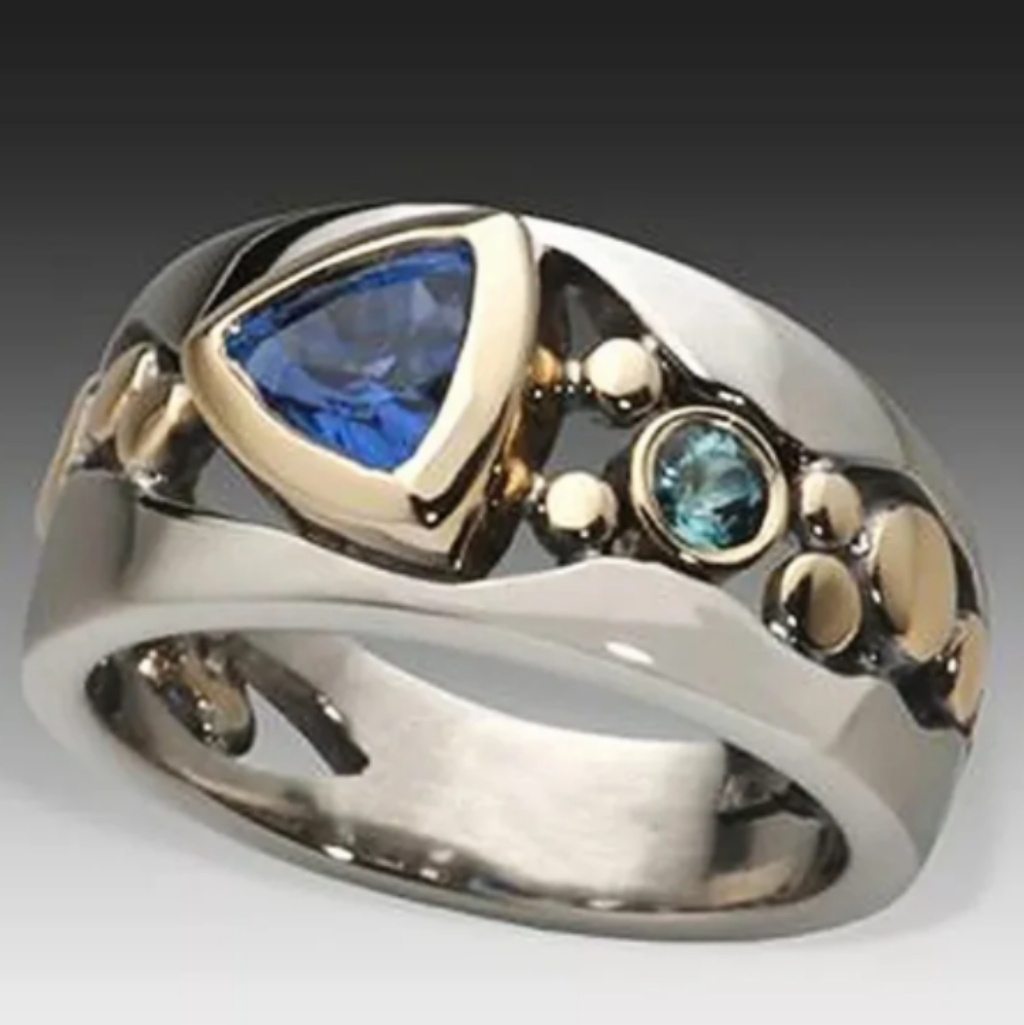 Sterling Cigar Band Blue Topaz/ Chrome Bezel Set Gemstone Ring Size 6/7/8/9/10